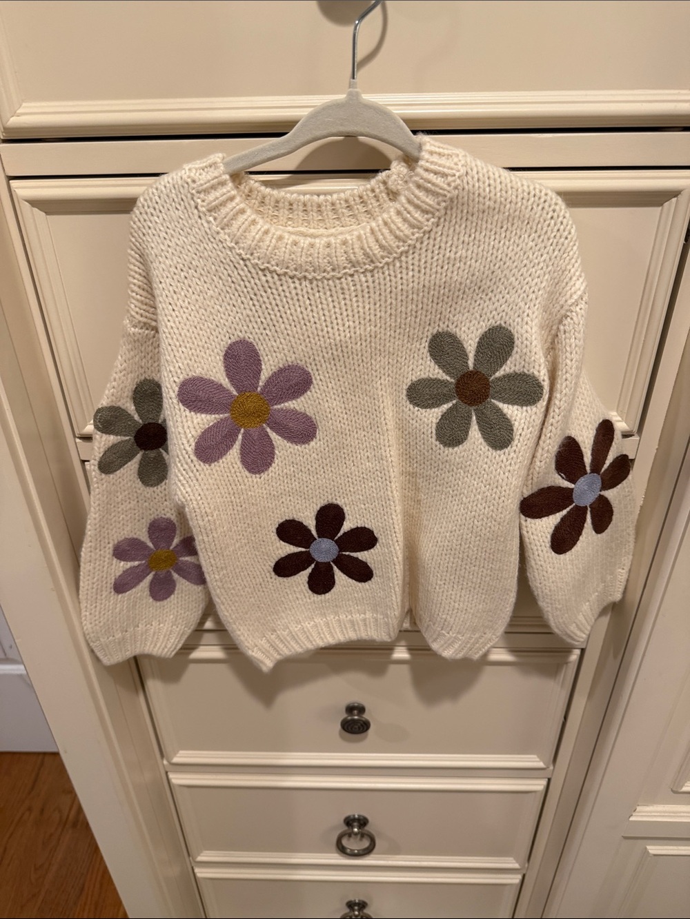 Zara Cream Knit Sweater with Multicolor Flower Appliqués